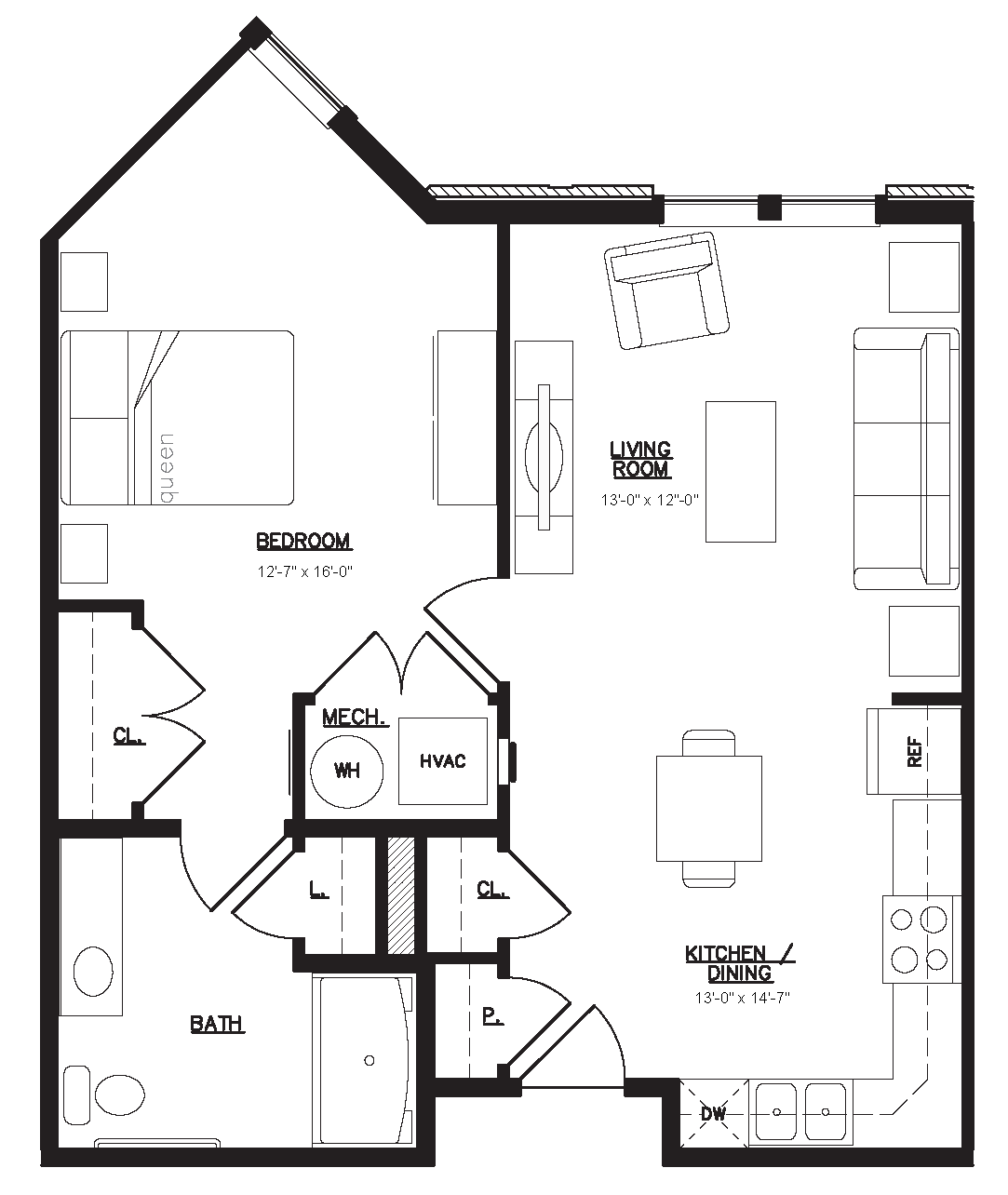 Floor plan for 1 bed, 1 bath, 703 sqft
